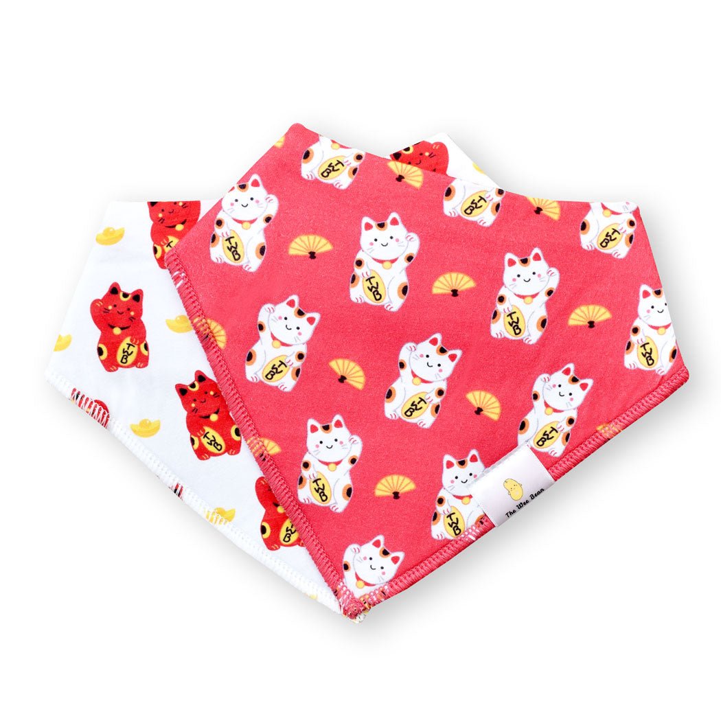 lucky-cat-maneki-neko-organic-cotton-bandana-bibs-2pc-set