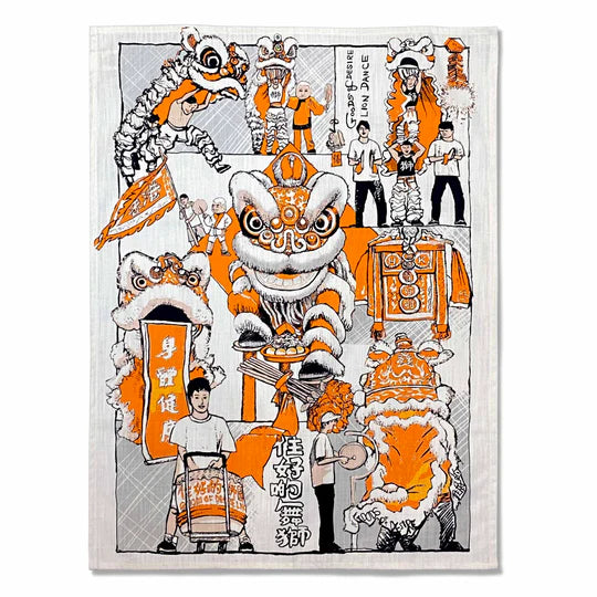 Orange Lion Dance Linen Cotton Tea Towel | Bookazine HK