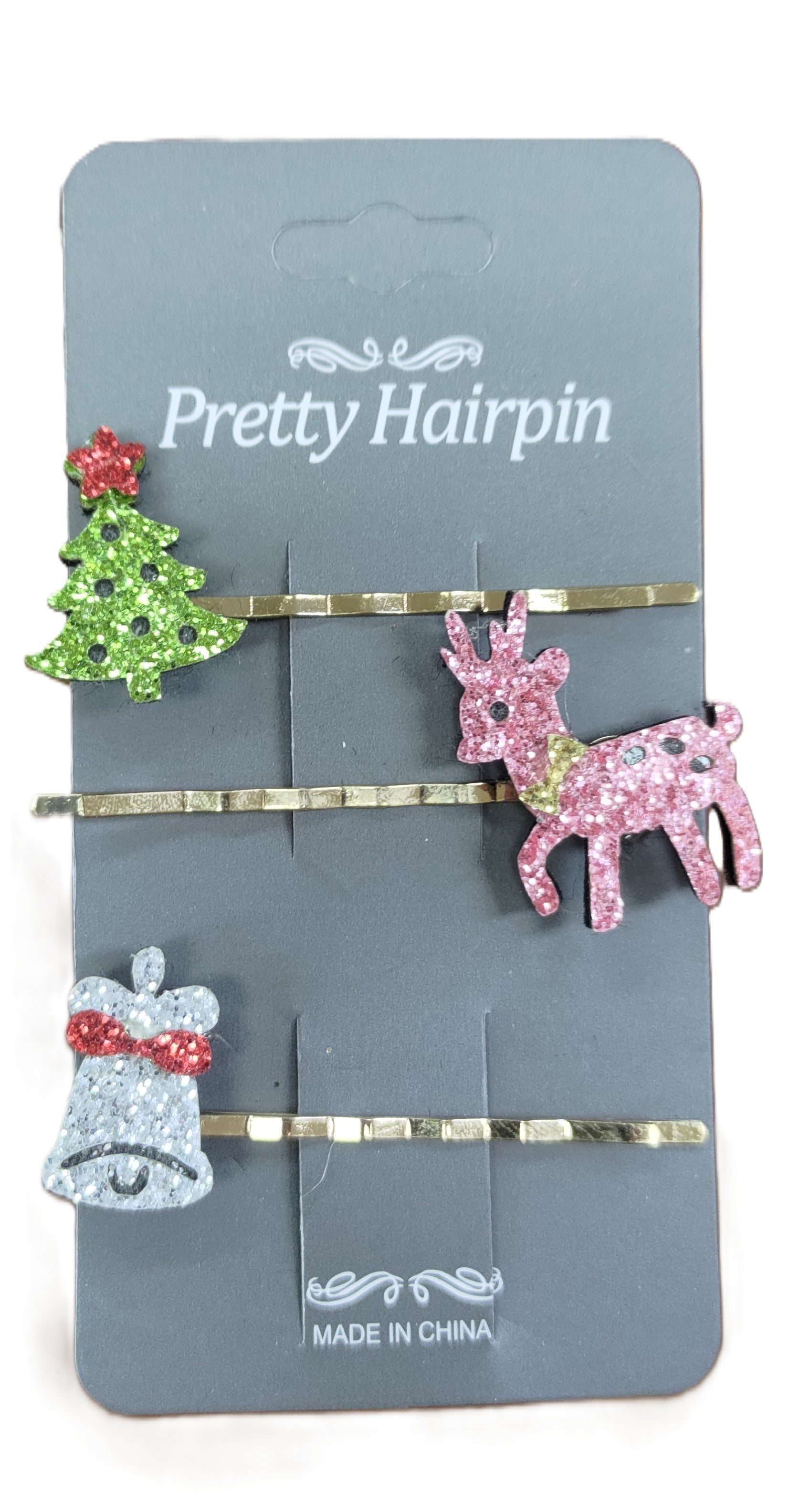 Glittery Christmas Themed Hairpin Set Green, Pink & White 3Pcs | Bookazine HK