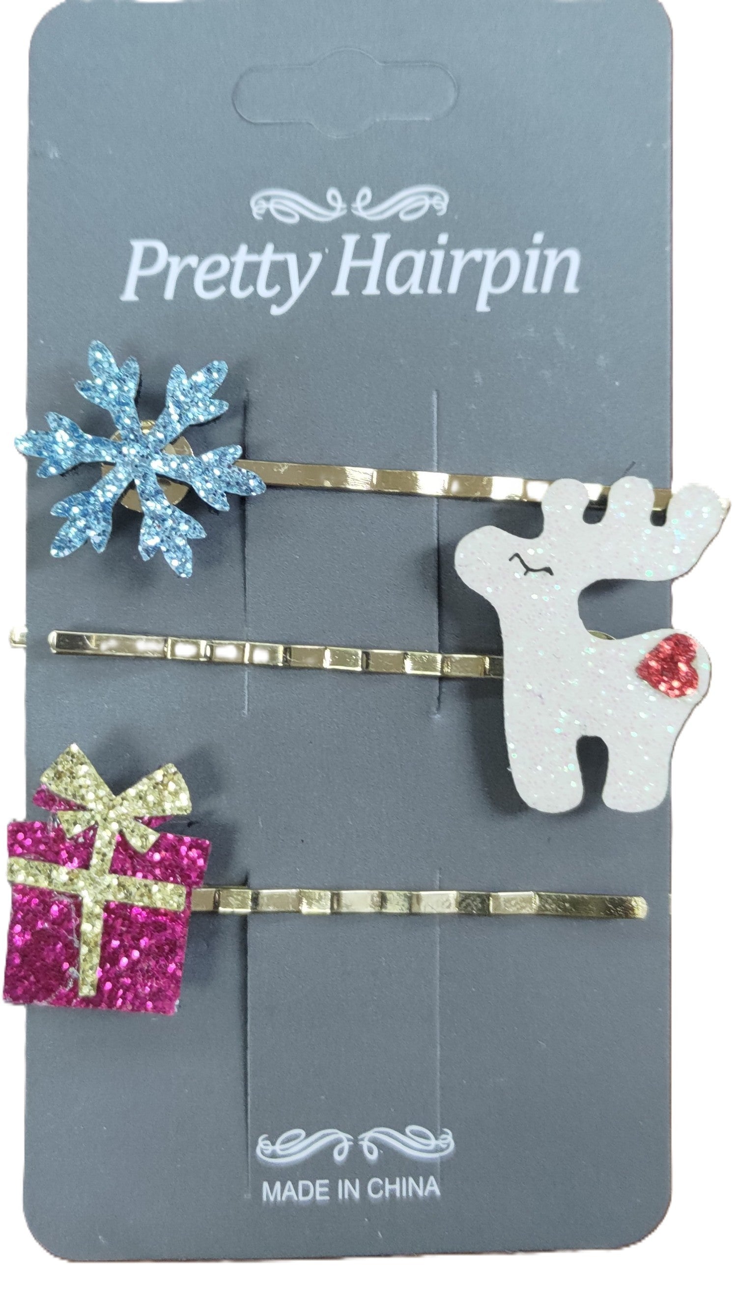 Glittery Christmas Themed Hairpin Set Blue, Pink & White 3Pcs | Bookazine HK