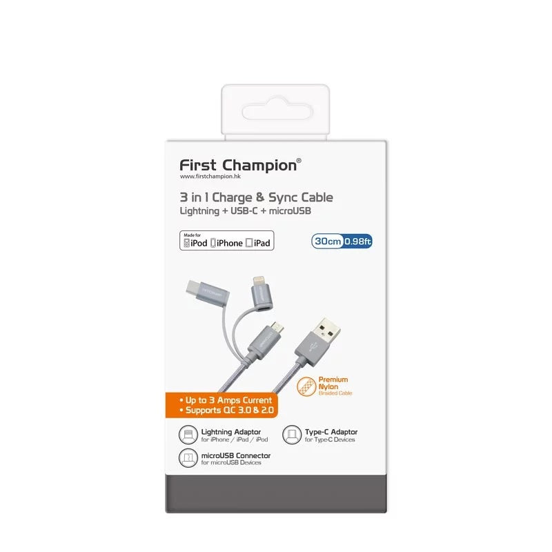 GREY 3IN1 USB TO MICROUSB & LIGHTNING & TYPE-C, NYLON 30CM