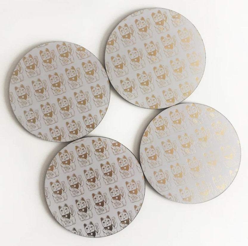 Taupe & Gold Lucky Cat Coasters Set of 4 | Bookazine HK