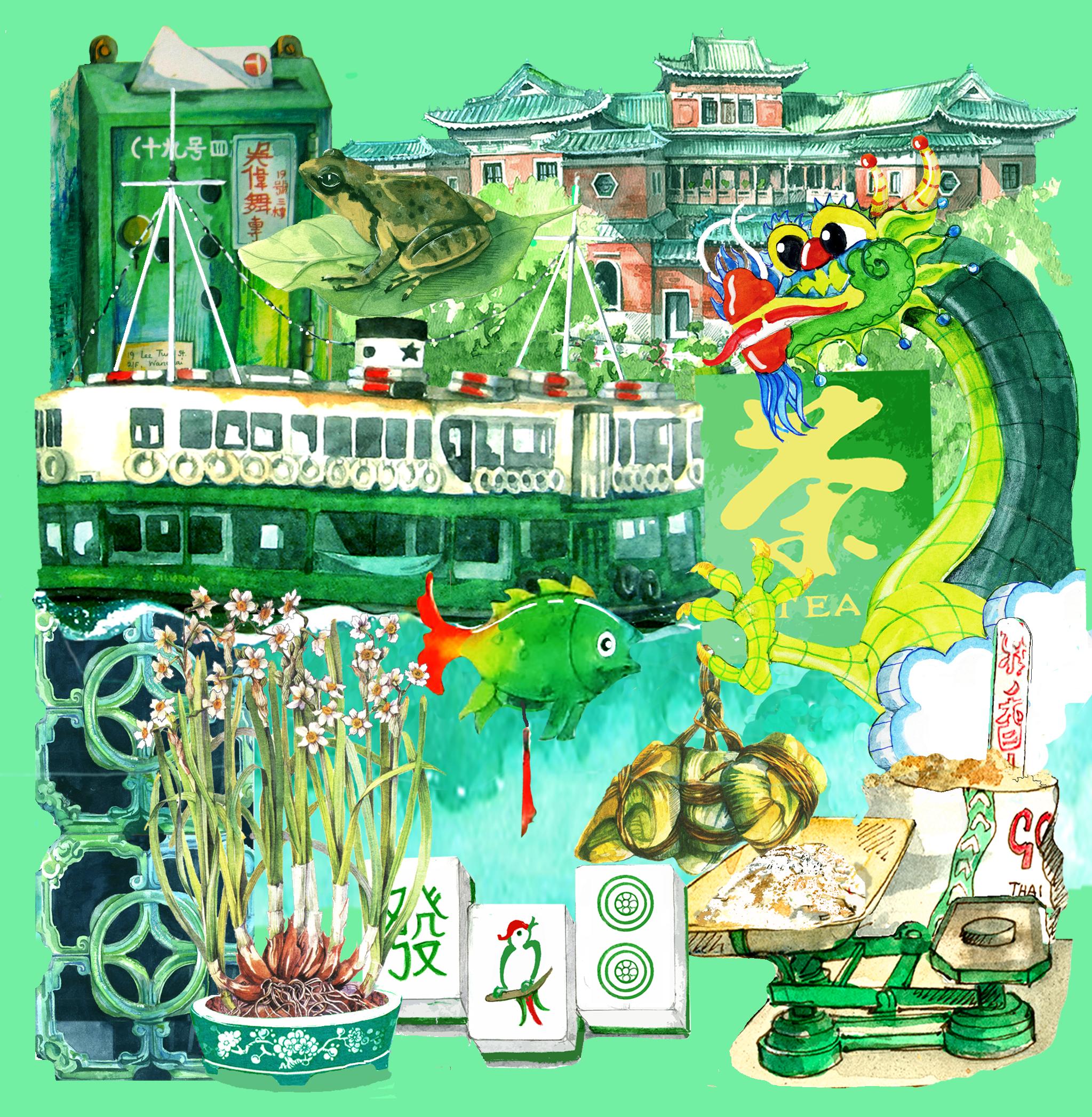 Green Hong Kong Collage Greeting card (Lorette E. Roberts) - Bookazine HK