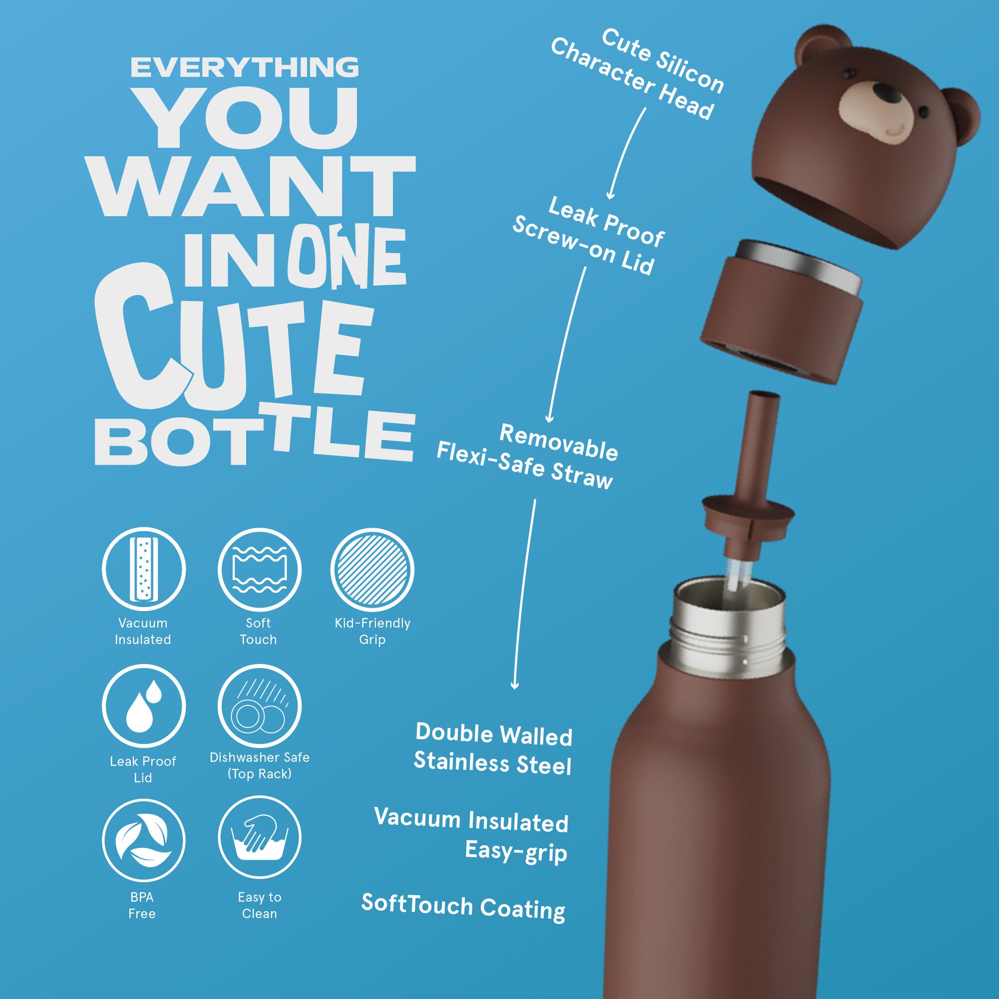 Bestie Brown Bear Water Bottle 460ml  | Bookazine HK