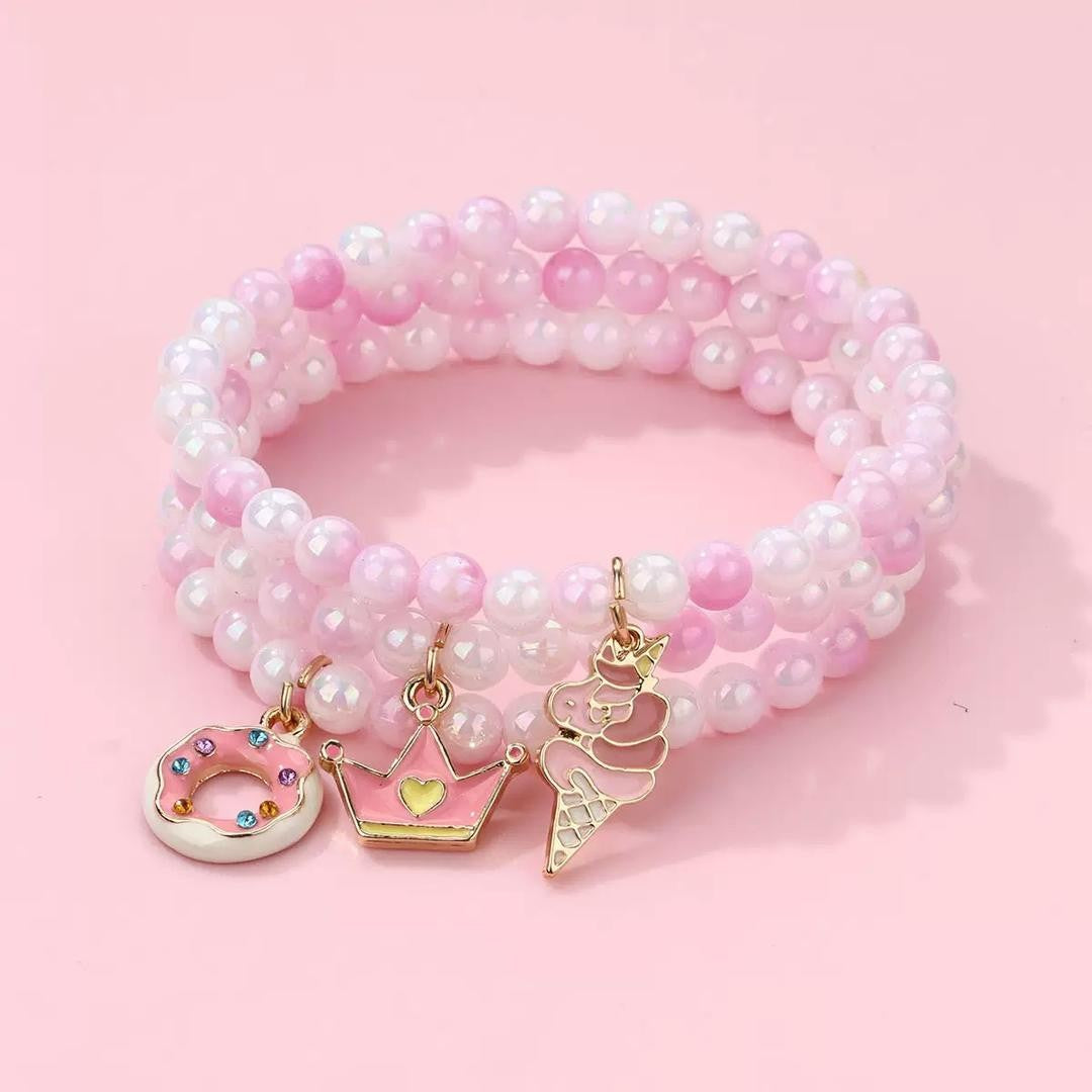 Unicorn Ice Cream, Crown And Donut Charm Beaded Bracelet Set (3Pcs.) | Bookazine HK