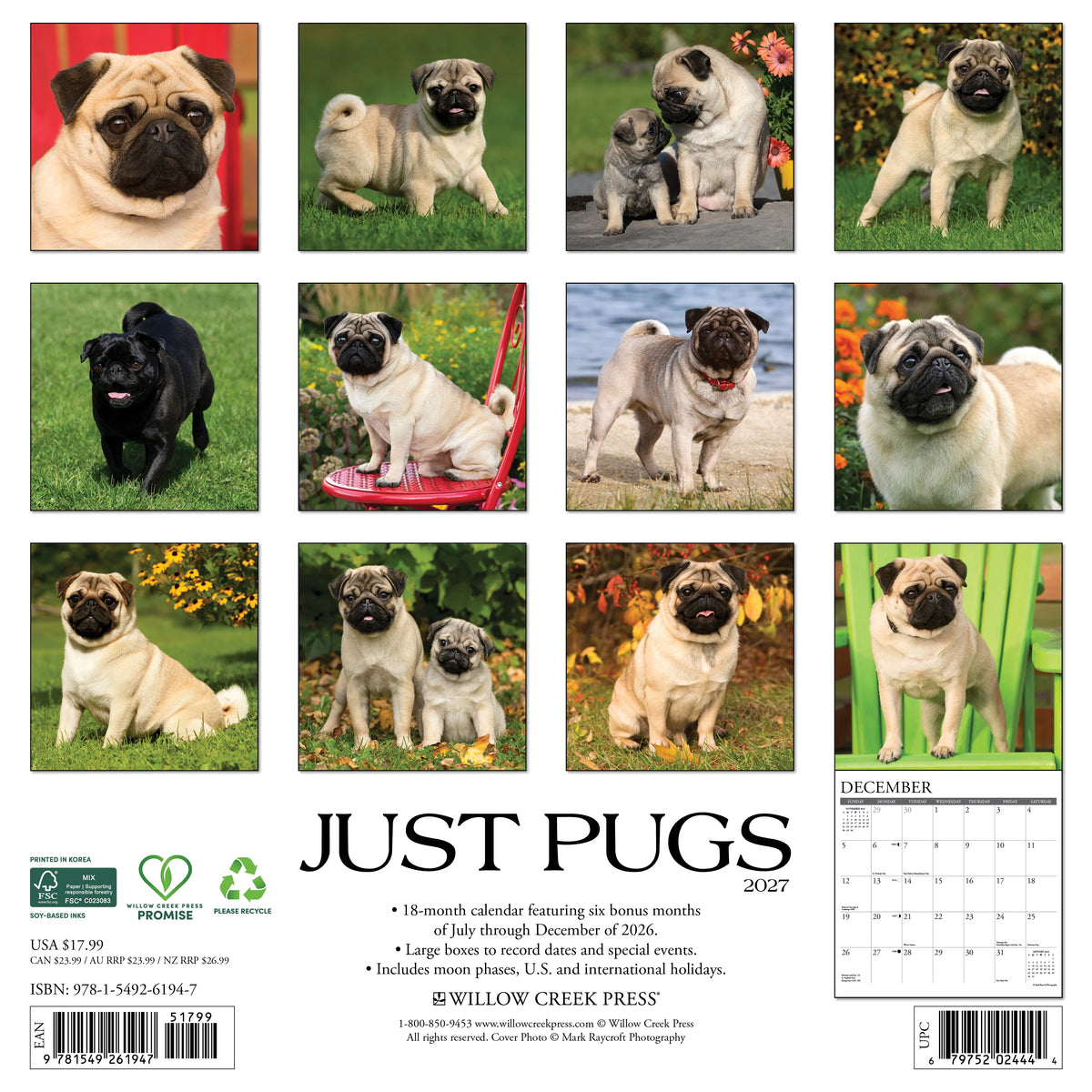 Just Pugs 2027 Wall Calendar