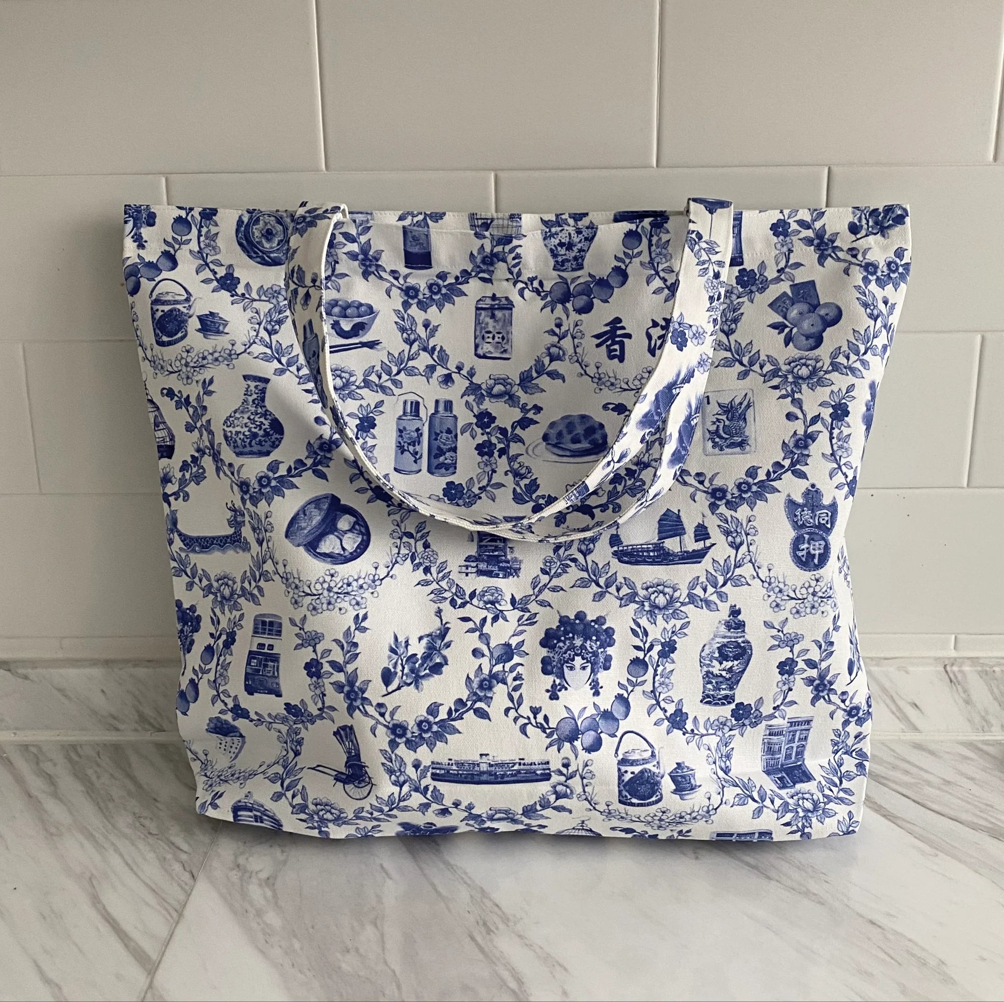 Blue Floral with HK Icons Tote Bag | Bookazine HK