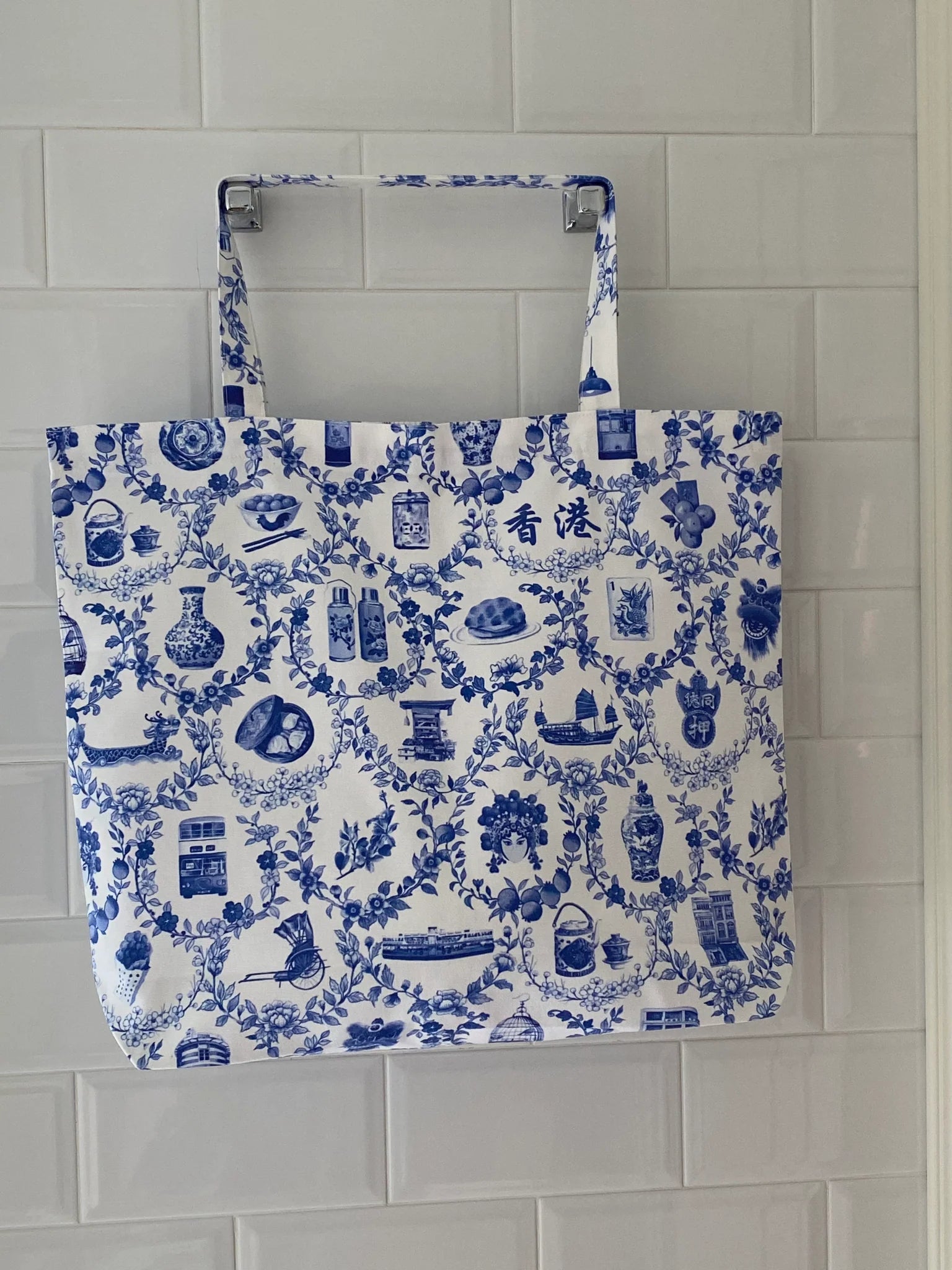 Blue Floral with HK Icons Tote Bag | Bookazine HK