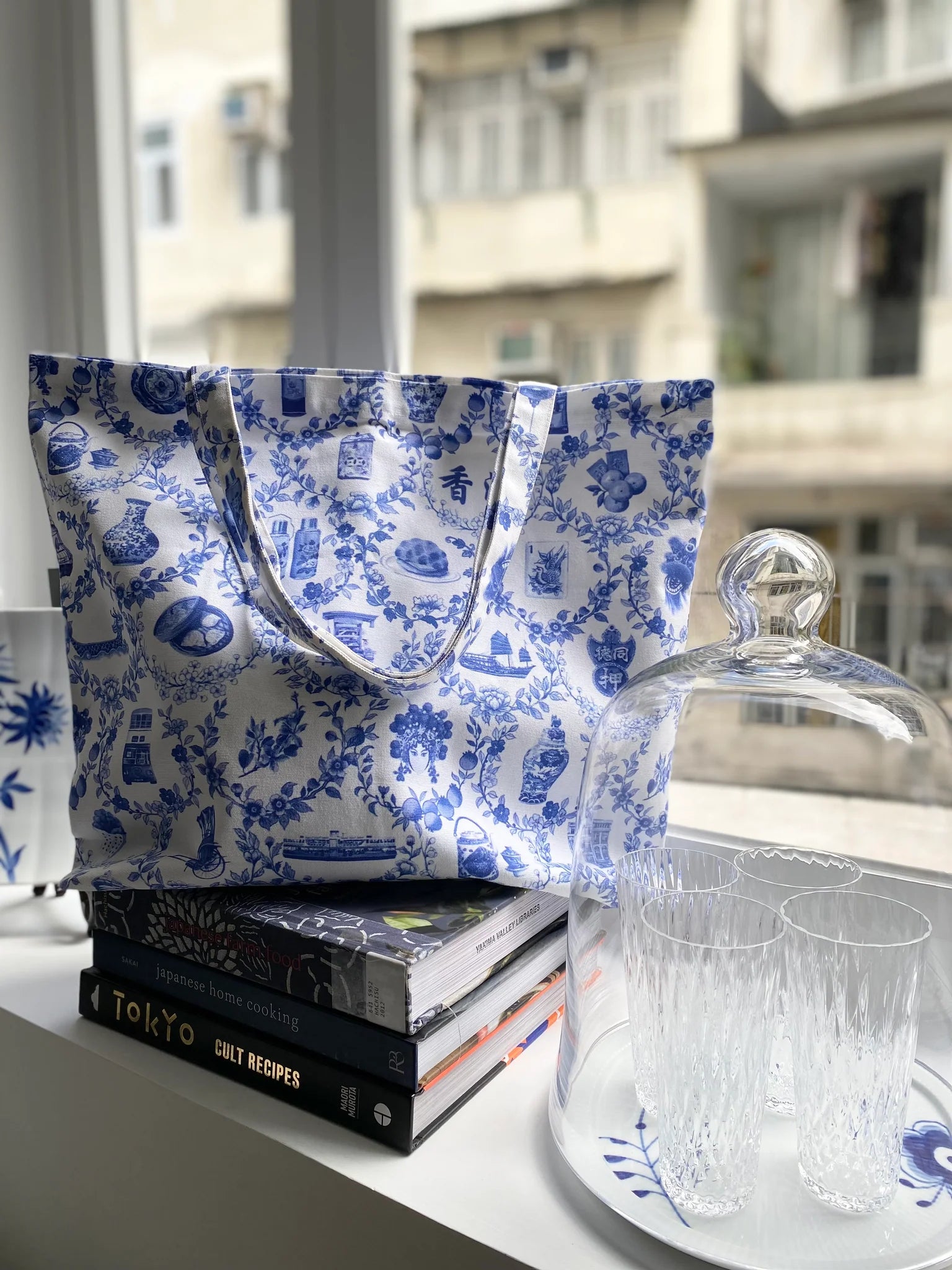 Blue Floral with HK Icons Tote Bag | Bookazine HK