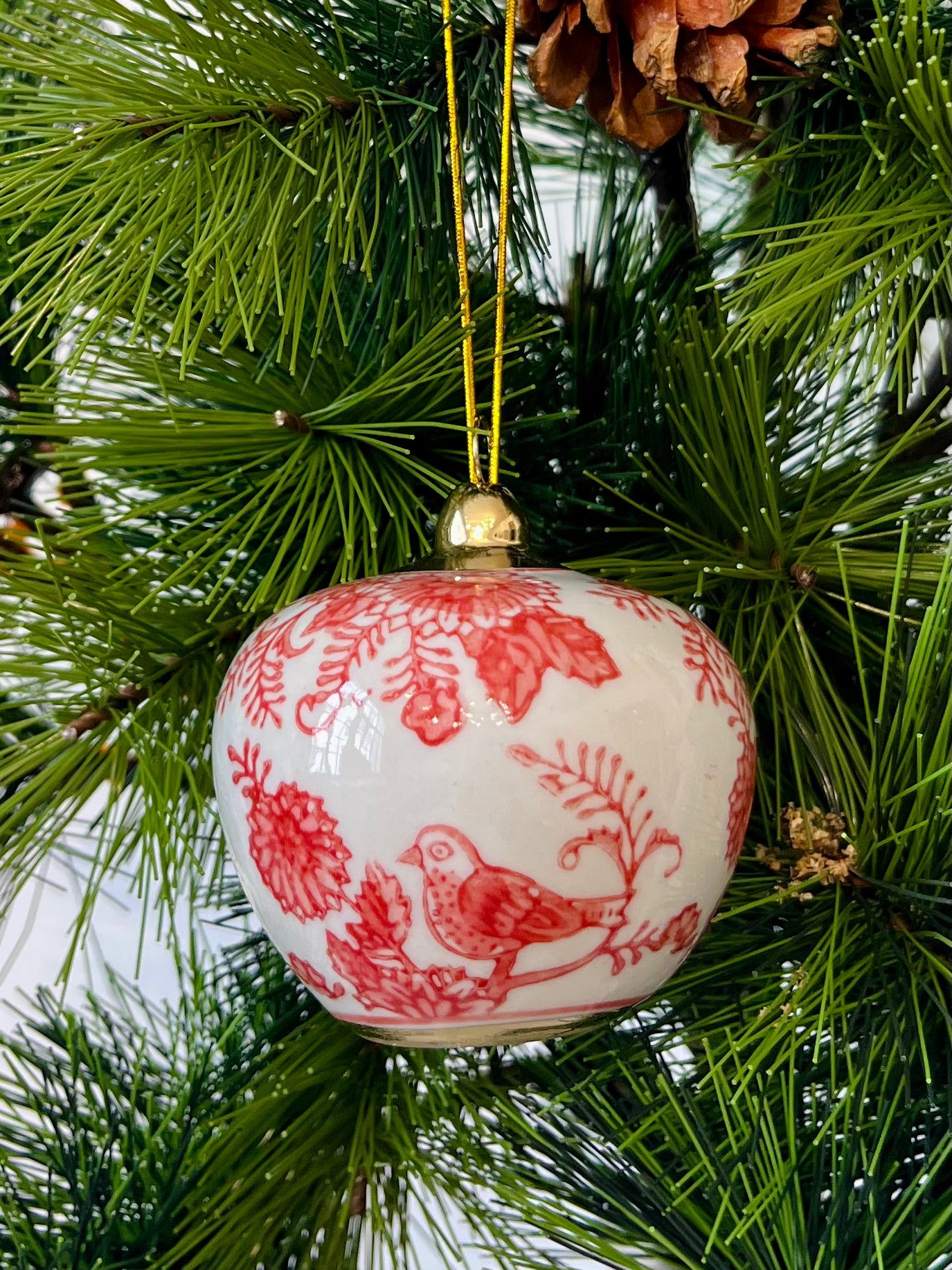 Festive Ornament - Ceramic Red Bird Blooms