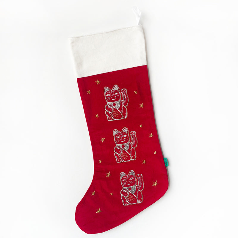 Red Velvet Lucky Cat Christmas Stocking