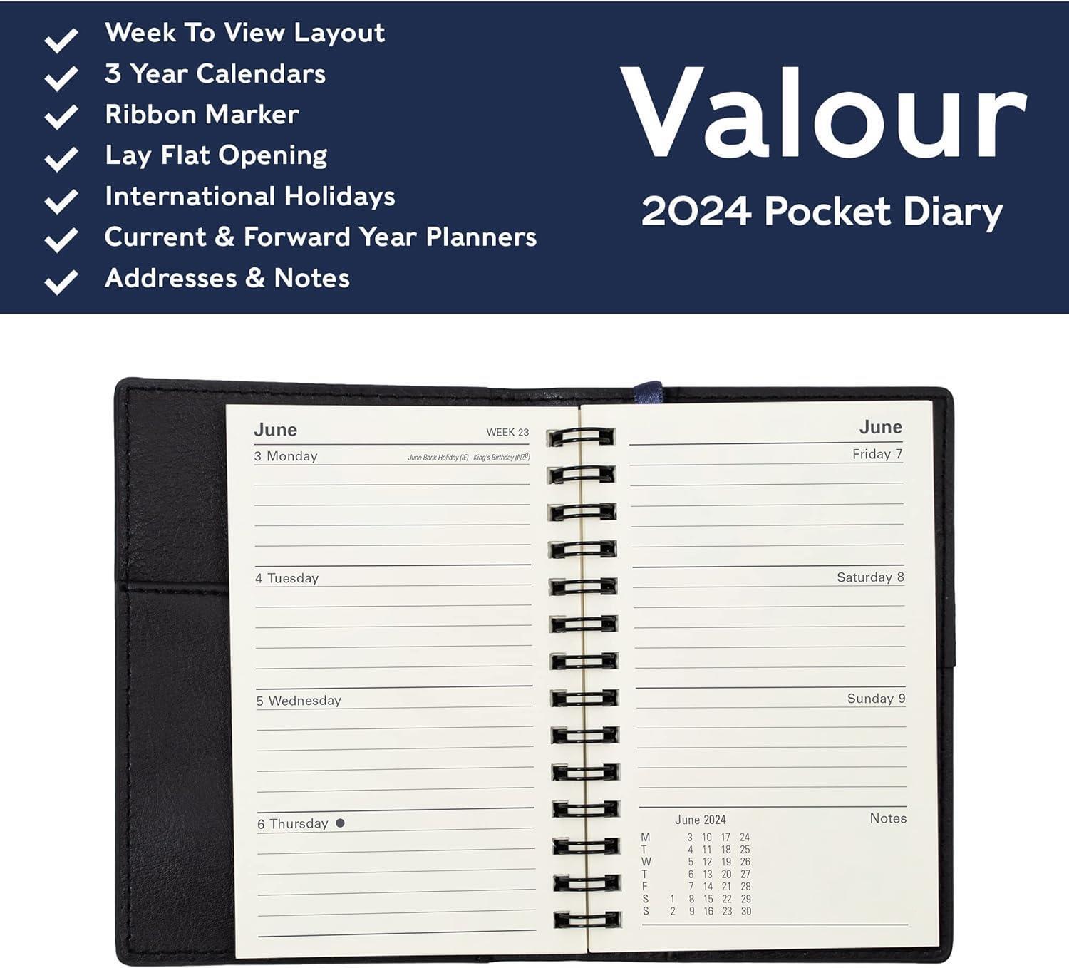 2024 Year Diary Black Valour Pocket Week to View Diary Planner Organiser