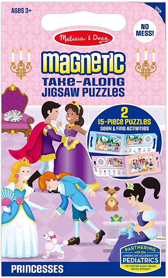 Melissa &amp; Doug Take-Along Magnetic Jigsaw Puzzles Travel Toy – Princesses (2 15-Piece Puzzles)