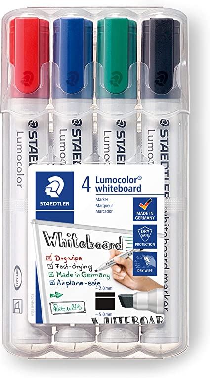 Staedtler Lumocolor Whiteboard Marker, Chisel Tip, Box of 4 Assorted Colors (Red, Blue, Green, Black), 351 WP4
