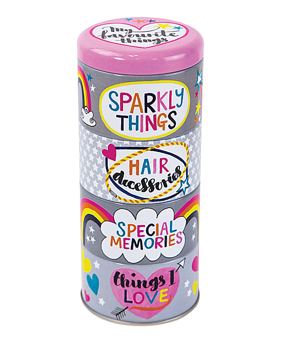JewelKeeper Girls&#39; Desk Organizers  - Pink &amp; Gray &#39;Grl Pwr&#39; Stacked Tin Set