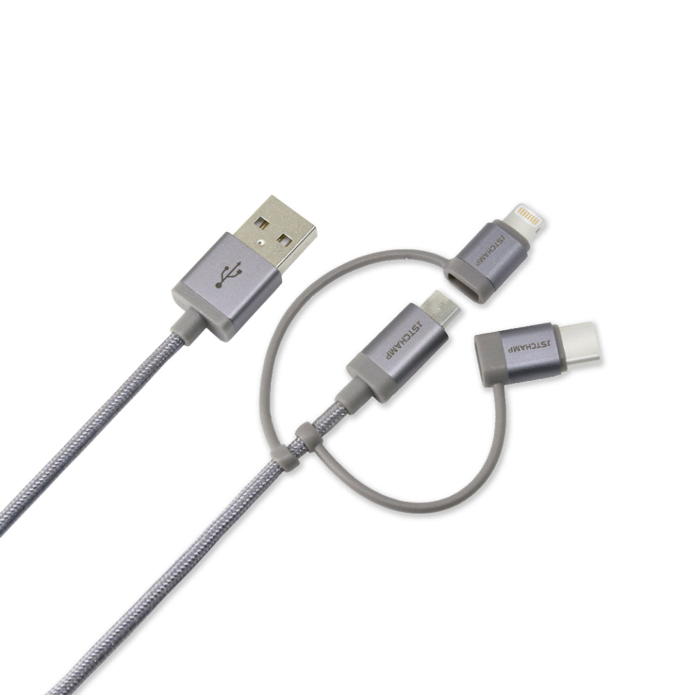 First Champion USB to MicroUSB Cable with Mfi Lightning and Type-C Adaptor (Metallic) 1M - Grey
