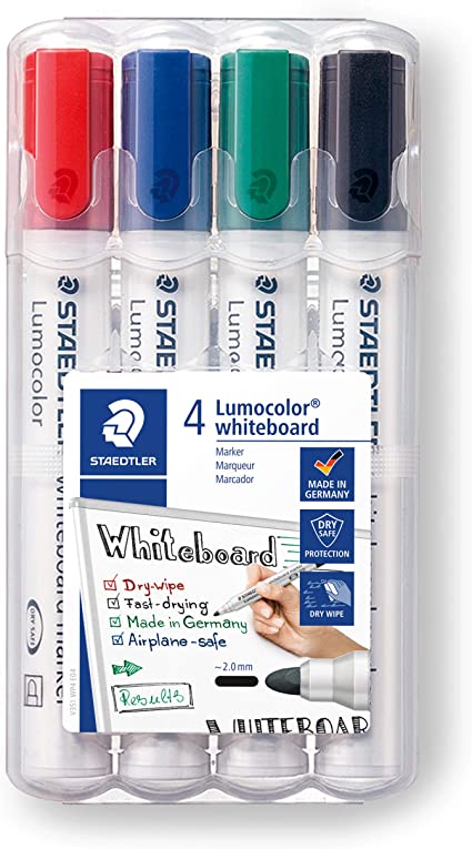 Staedtler Lumocolor Whiteboard Marker, Wide Bullet Tip, Box of 4 Assorted Colors (Red, Blue, Green, Black), 351 WP4