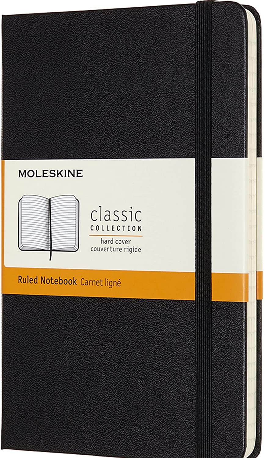 Moleskine Classic Notebook, Hard Cover, Medium (4.5" x 7") Ruled/Lined, Black, 208 Pages