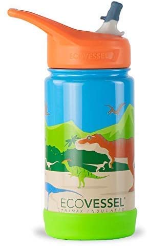 EcoVessel Insulated Water Bottle Kids Tumbler for 36 Hrs Cold Travel Drinking Cup – Frost TriMax Stainless Steel, 12oz Sip Bottle for Children w/Carrying Handle &amp; Flip Straw Lid