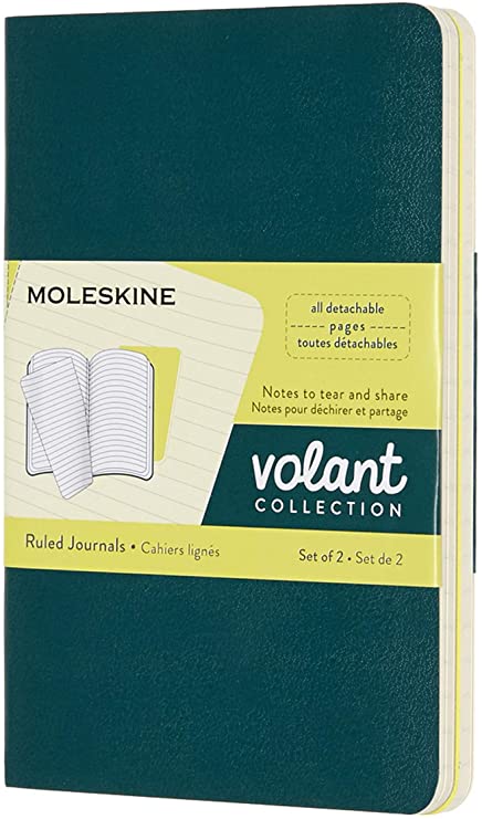 Moleskine Volant Journal, Soft Cover, Pocket (3.5&quot; x 5.5&quot;) Ruled/Lined, Pine Green/Lemon Yellow, 80 Pages (Set of 2)