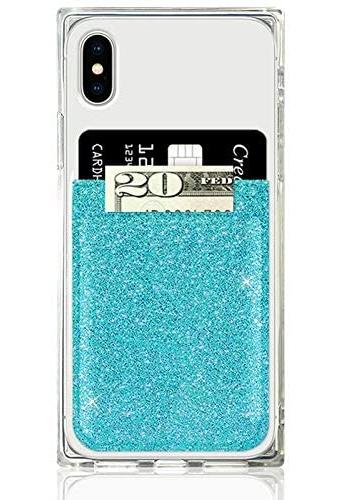 iDecoz Phone Pockets - Stick On Credit Card Wallet - Slim Card Holder - Universal fit - Apple – iPhone – Samsung – Galaxy - and More. (Turquoise Glitter)