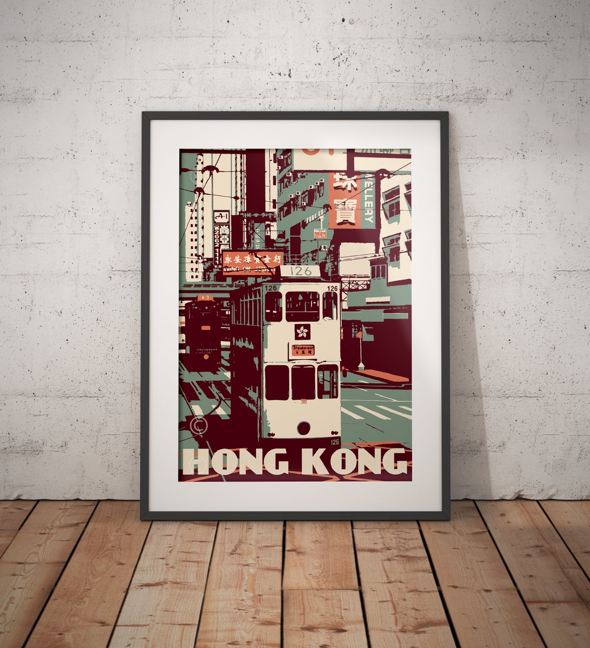 Hong Kong Tram Green &amp; Coral Fine Art Print | Bookazine HK